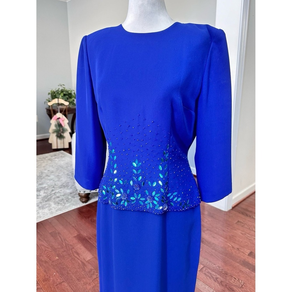 Vintage Donna Morgan Blue Beaded Embellished Long Sleeve Gown Dress Size 4 - Picture 3 of 12